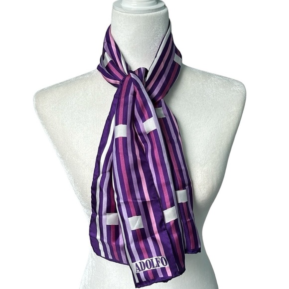 Vintage Adolfo Silk Rectangle Scarf Purple Geo Print Made in Japan - Picture 1 of 8